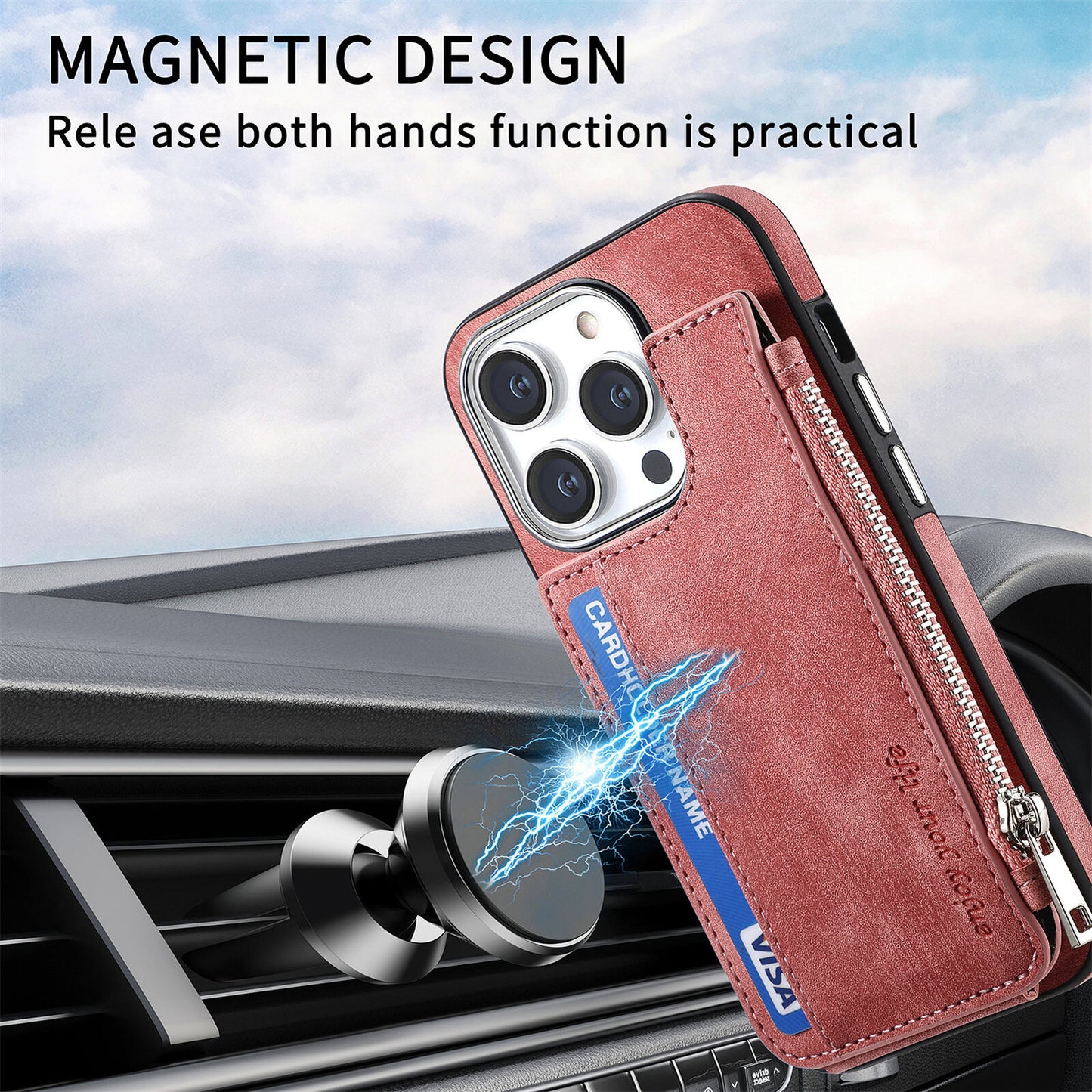 For Iphone 15 14 13 12 Pro Max Mag Safe Magnetic Case Flip Card Wallet Zipper